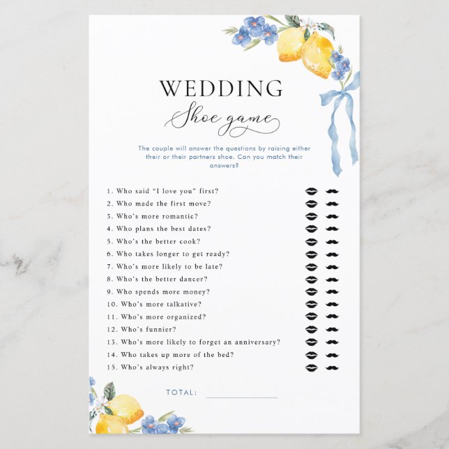 Papier Italian Blue Bow & Lemons Bridal Wedding Shoe Game (Devant)