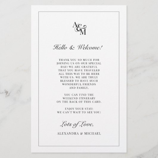 Papier Itinéraire de bienvenue du Mariage noir Monogramme (Devant)