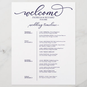 Papier Itinéraire de mariage de 4 jours Script Bleu Marin