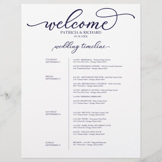 Papier Itinéraire de mariage de 4 jours Script Bleu Marin (Devant)