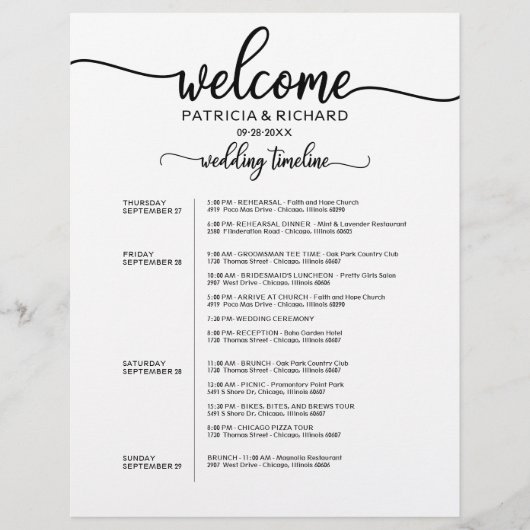 Papier Itinéraire de Weekend de Mariage de 4 Jours Chrono (Devant)