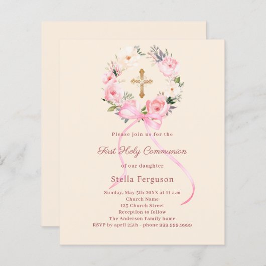 Papier Ivory blush florals bow First Communion invitation (Devant / Derrière)