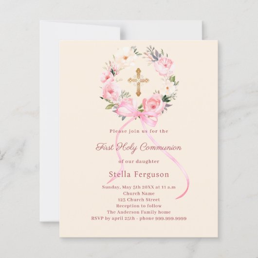 Papier Ivory blush florals bow First Communion invitation (Devant)