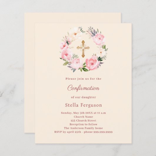 Papier Ivory blush florals cross Confirmation invitation (Devant / Derrière)