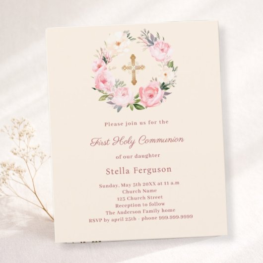 Papier Ivory blush florals First Communion invitation