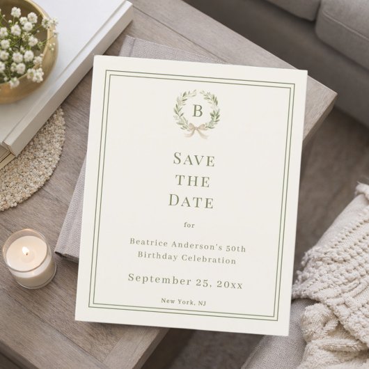 Papier Ivory green monogram wreath birthday Save the Date