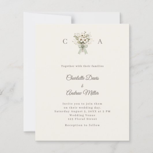 Papier Ivory monogrammed floral green wedding invitation (Devant)