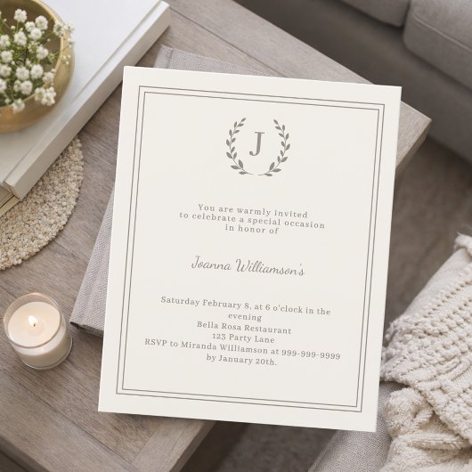 Papier Ivory monogrammed milestone age-neutral invitation