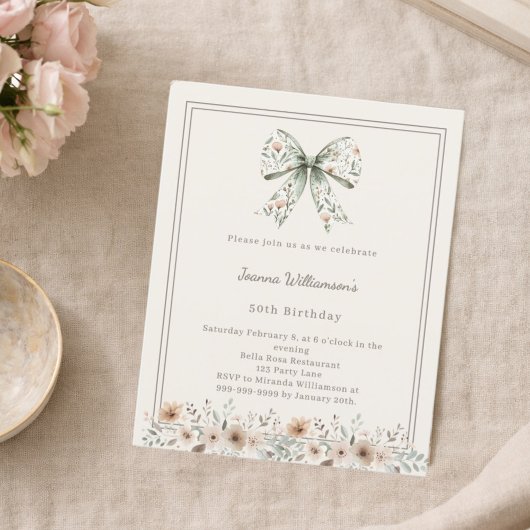 Papier Ivory muted green bow florals birthday invitation