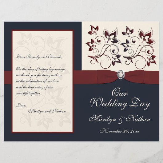 Papier Ivory, Navy et Claret Floral Wedding Program (Devant)