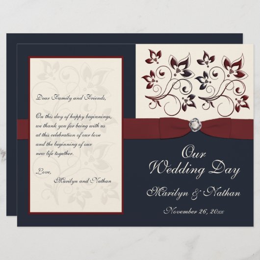 Papier Ivory, Navy et Claret Floral Wedding Program (Devant / Derrière)