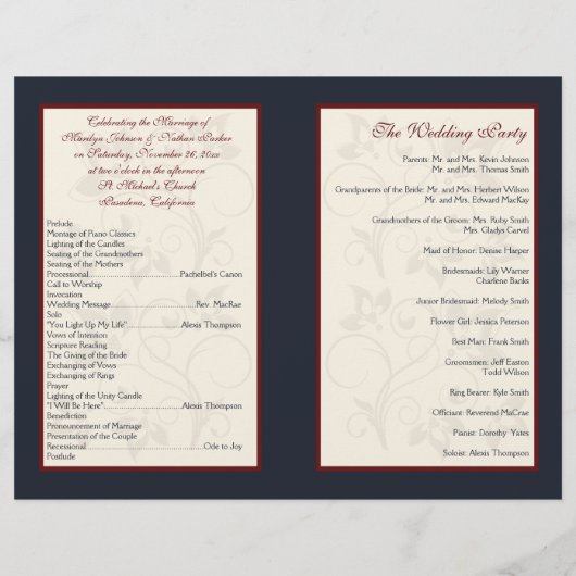 Papier Ivory, Navy et Claret Floral Wedding Program (Dos)