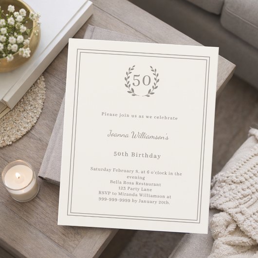 Papier Ivory taupe monogram wreath birthday invitation
