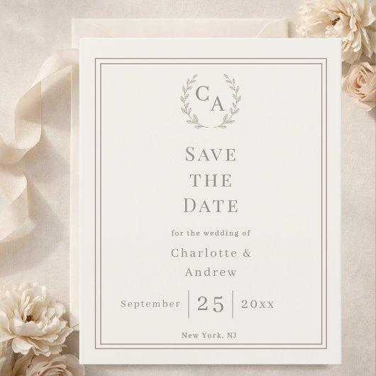 Papier Ivory taupe monogram wreath wedding Save the Date 