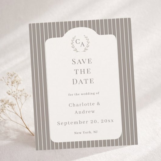 Papier Ivory Taupe Pinstriped Wedding Save the Date Card