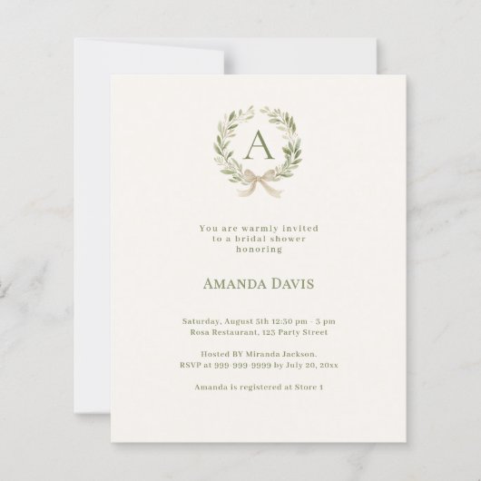 Papier Ivory wreath bow monogram Bridal Shower invitation (Devant)