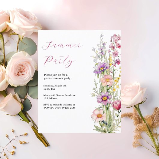 Papier Jardin de fête d'été fleurs rose violet invitation