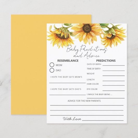 Papier Jardin jaune tournesol Floral Baby Prédictions & (Devant / Derrière)