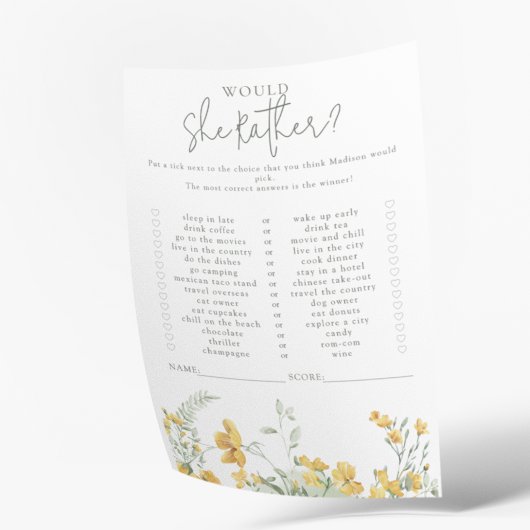 Papier Jaune Floral | Jeu de Fête de Bébé 'Préfèrerait-El