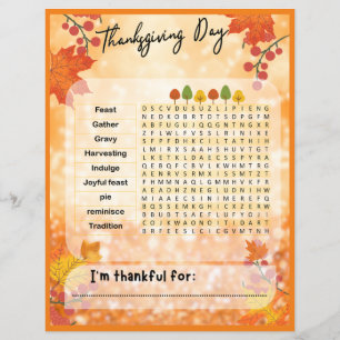 Papier Je Suis Heureux Thanksgiving Day Word Search Jeu