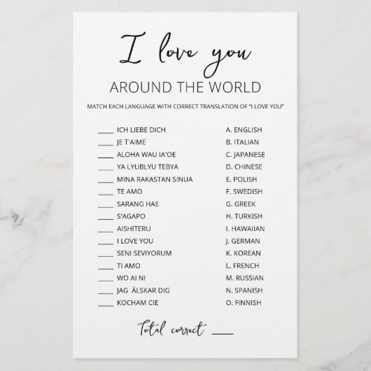 Papier Je t'aime autour du monde jeu avec réponses (Devant)