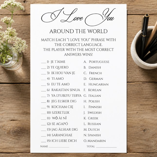 Papier Je t'aime autour du monde Jeu de douche (I Love You Around the World Shower Game)