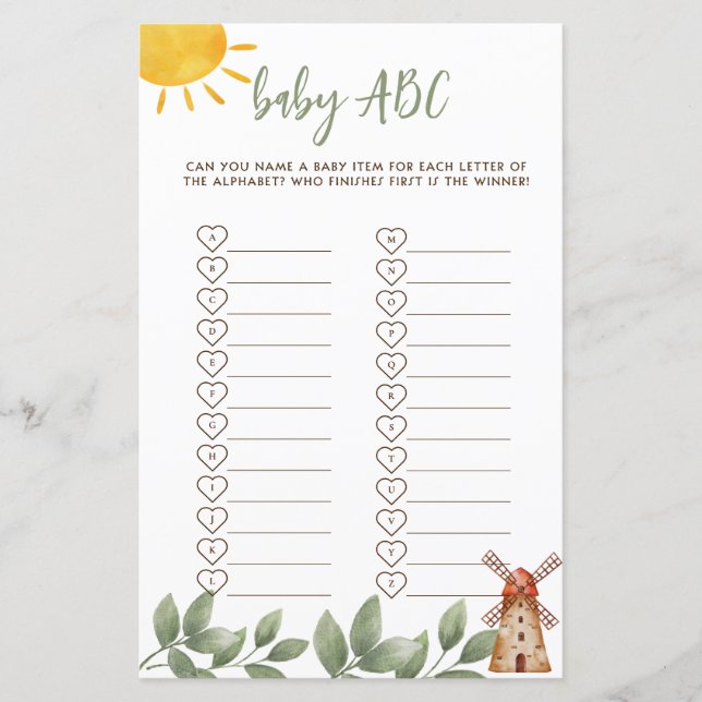 Papier Jeu ABC Baby Shower Thème Ferme (Devant)