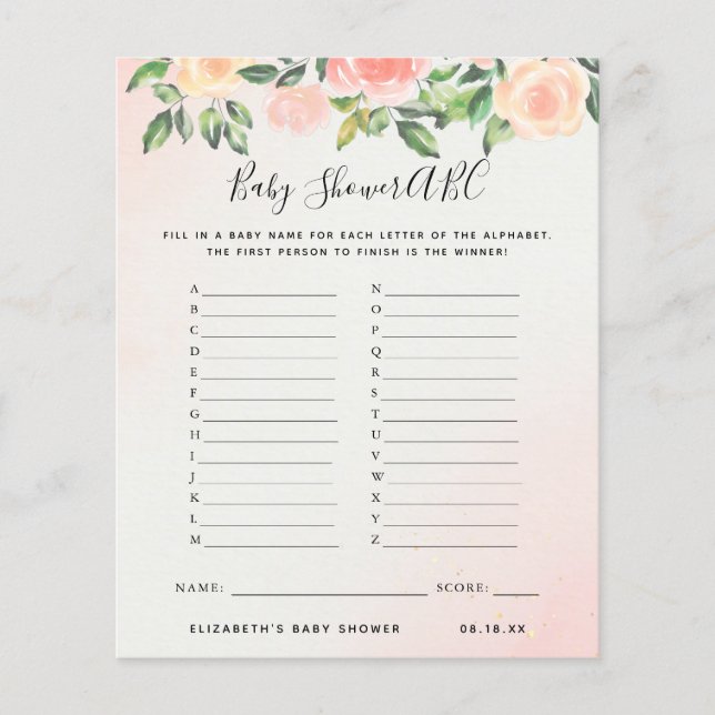 Papier Jeu ABC | Jeu de Baby shower floral (Devant)