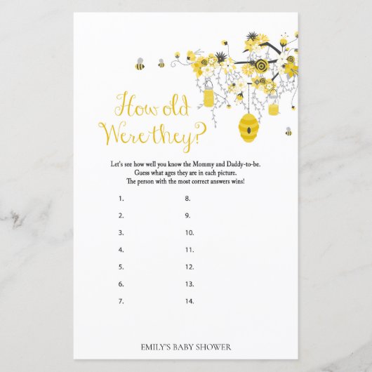 Papier Jeu Baby shower Abeille - Quel Âge Avaient-Ils (Devant)