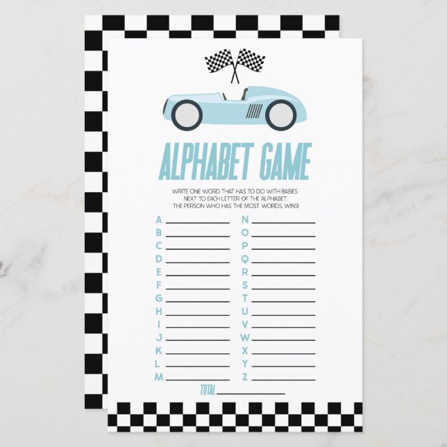 Papier Jeu Baby shower Alphabet Voiture Blue Race (Devant / Derrière)