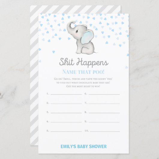 Papier Jeu Baby shower bleu éléphant garçon IMPRIMÉ (Devant / Derrière)