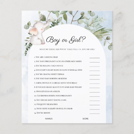 Papier Jeu Baby shower bleu éléphant garçon ou fille (Devant)