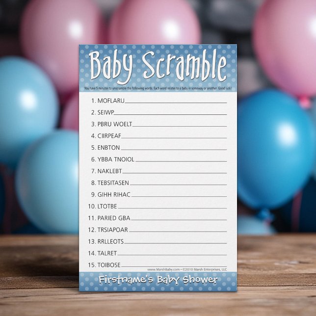 Papier Jeu baby shower - Bleu - Ruée de mots (Custom Shower Game)