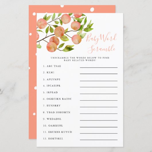 Papier Jeu Baby shower Mot de Peach (Devant / Derrière)
