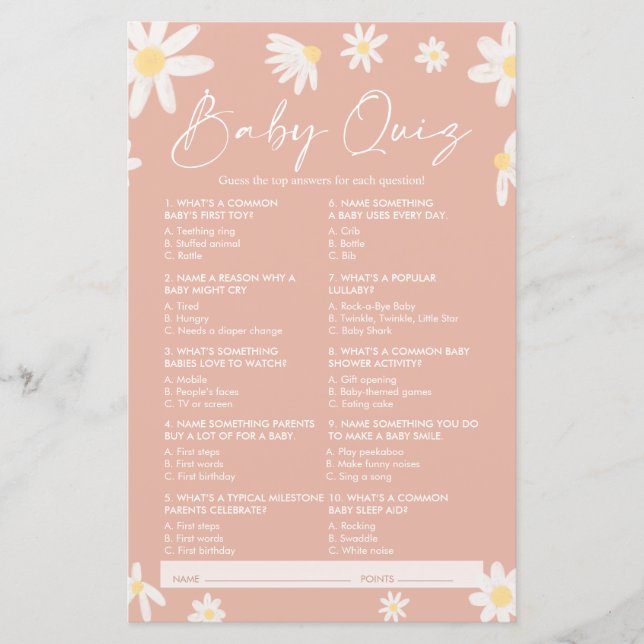 Papier Jeu Baby shower Quiz, Jeu Baby shower Daisy (Devant)