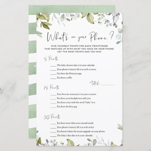 Papier Jeu Baby shower verdoyant Qu'y a-t-il sur votre té (Devant / Derrière)