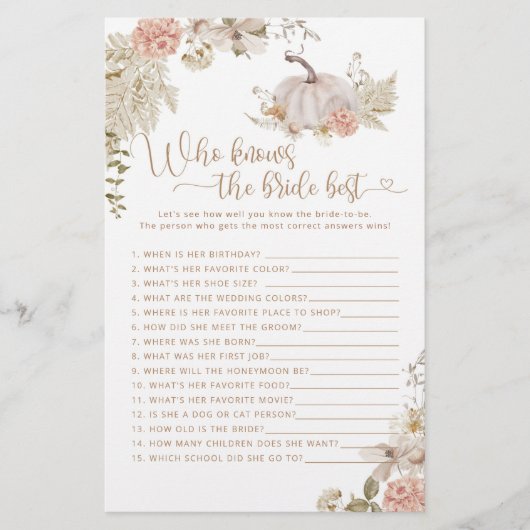 Papier Jeu Boho automne citrouille Qui connaît le mieux l (Devant)