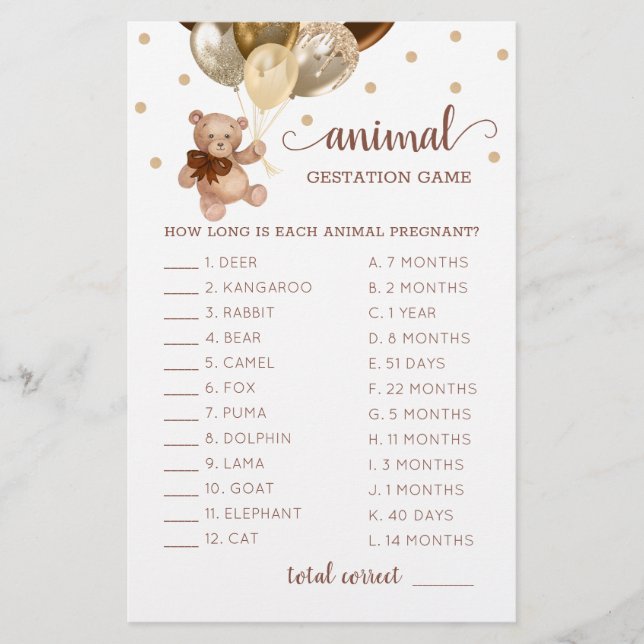 Papier Jeu Brown Et Gold Teddy Bear Animal Gestation (Devant)