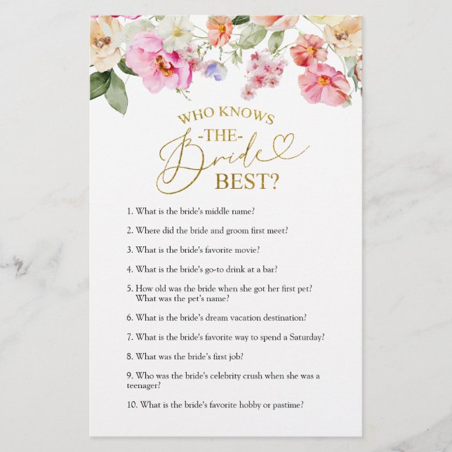 Papier Jeu Connaît la Mariée de la Douche de Mariage Flor (Devant)