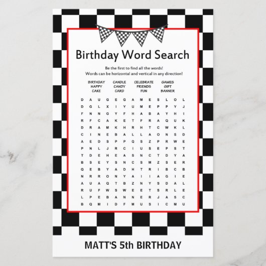 Papier Jeu d'anniversaire de voiture de course IMPRIMÉ (Devant)