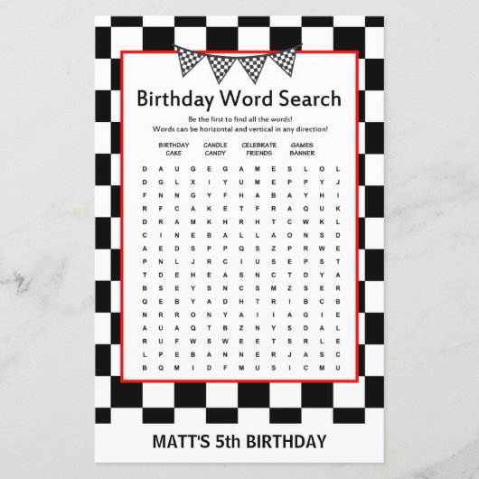 Papier Jeu d'anniversaire de voiture de course IMPRIMÉ (Devant)