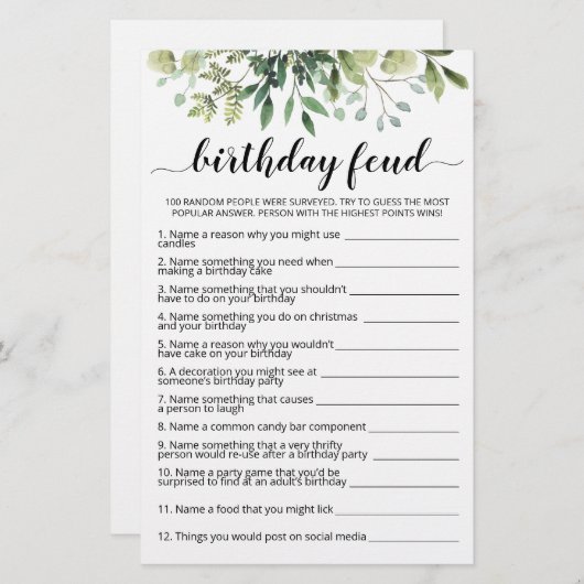 Papier Jeu d'anniversaire Feud avec réponses (Devant / Derrière)