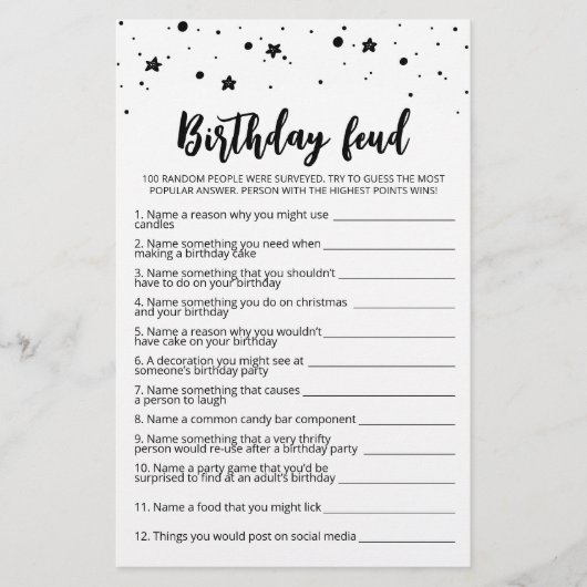 Papier Jeu d'anniversaire Feud avec réponses (Devant)