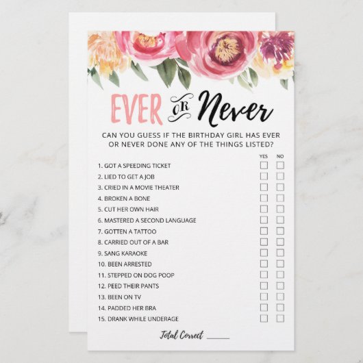 Papier Jeu d'anniversaire modifiable jamais ou jamais Jeu (Devant / Derrière)