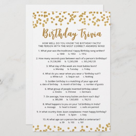 Papier Jeu d'anniversaire Trivia avec réponses Anniversai (Devant / Derrière)