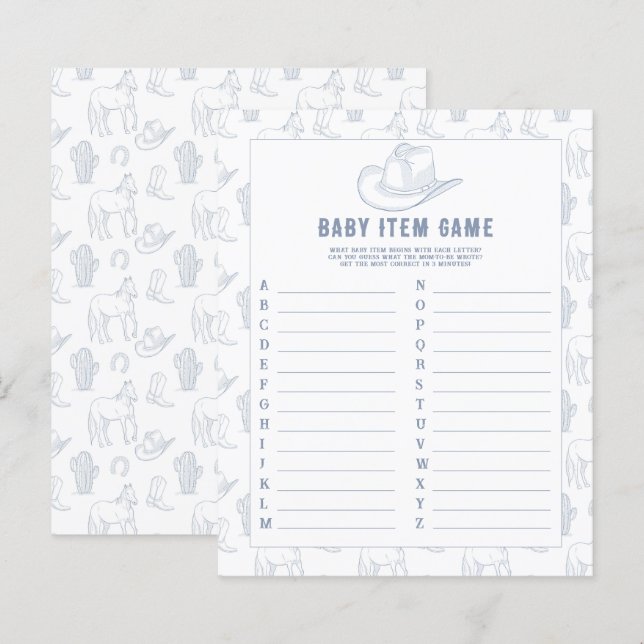 Papier Jeu d'article bébé Cowboy. Jeu de Baby Shower (Devant / Derrière)