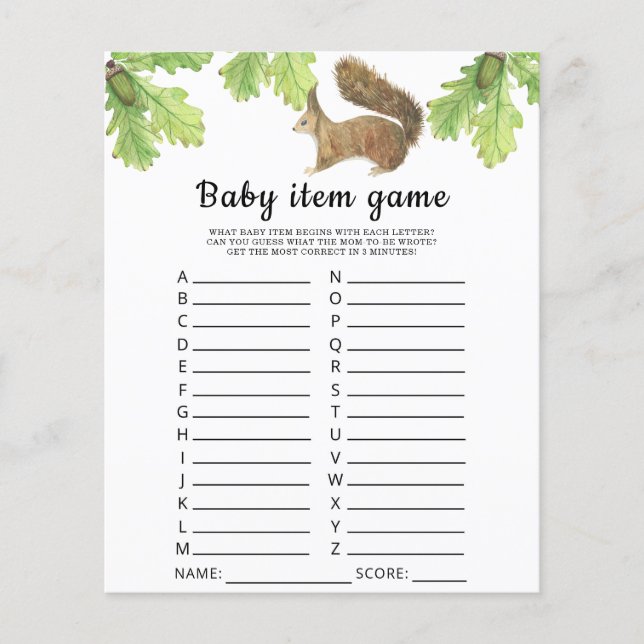 Papier Jeu d'article bébé écureuil. Jeu de baby shower (Devant)