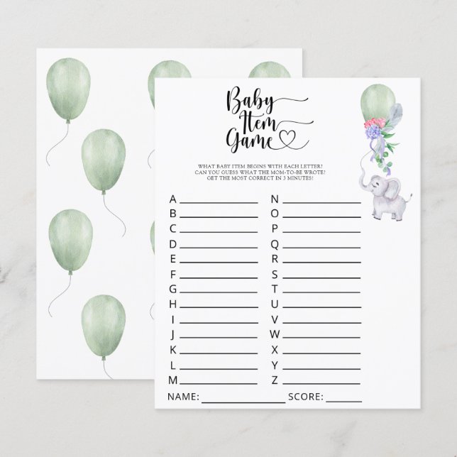 Papier Jeu d'article bébé éléphant. Jeu de baby shower (Devant / Derrière)