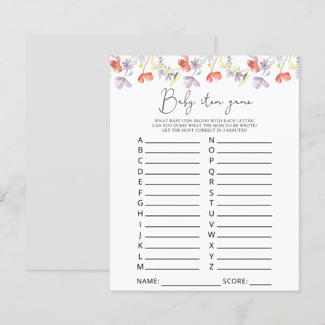 Papier Jeu d'article bébé Fleurs sauvages. Jeu de Baby Sh (Devant / Derrière)