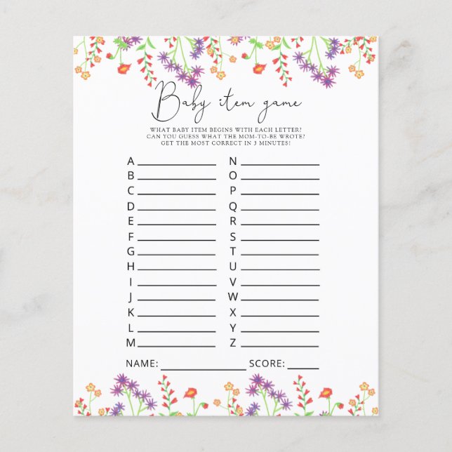 Papier Jeu d'article bébé Fleurs sauvages. Jeu de Baby Sh (Devant)
